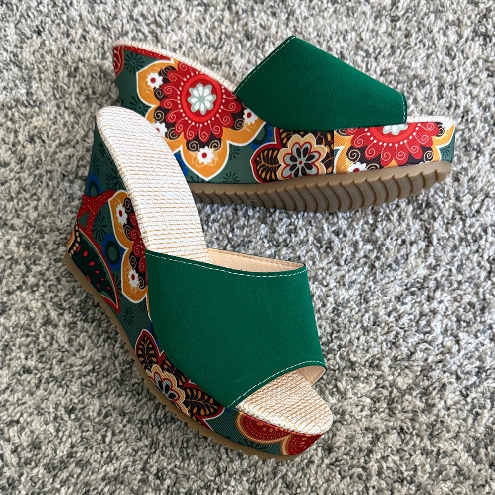 Green Patterned Wedge Slide Sandals